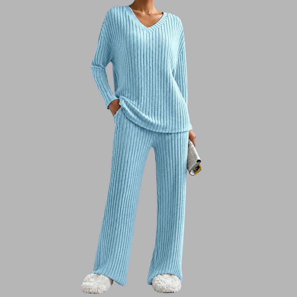 Women’s Ribbed Lounge Set V Neck Sweater &amp; Wide Leg Pants
