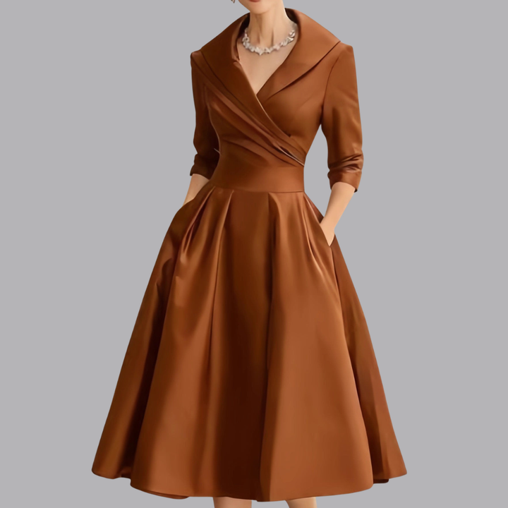 Women’s Elegant Collared A Line Midi Dress V Neck Pleated Skirt