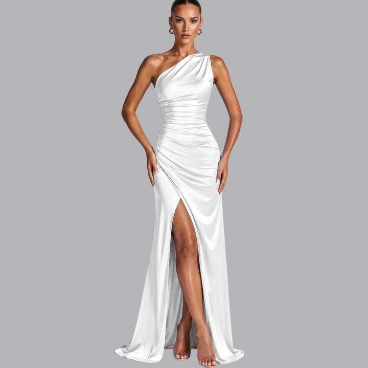 Women’s Satin Evening Gown Asymmetric Neckline High Slit