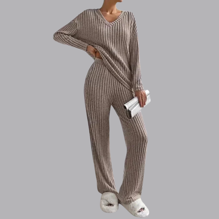 Women’s Ribbed Lounge Set V Neck Sweater &amp; Wide Leg Pants