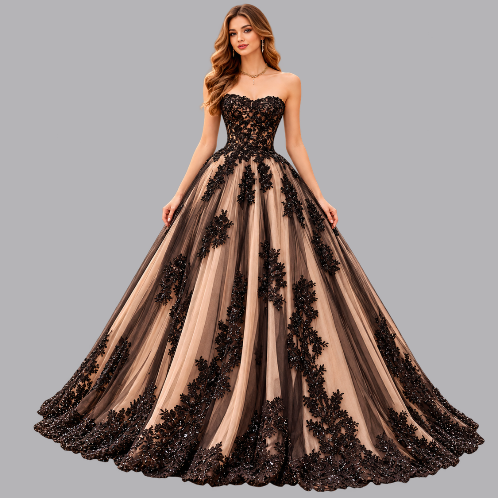 Women’s Black Lace Applique Strapless Ball Gown Prom Dress