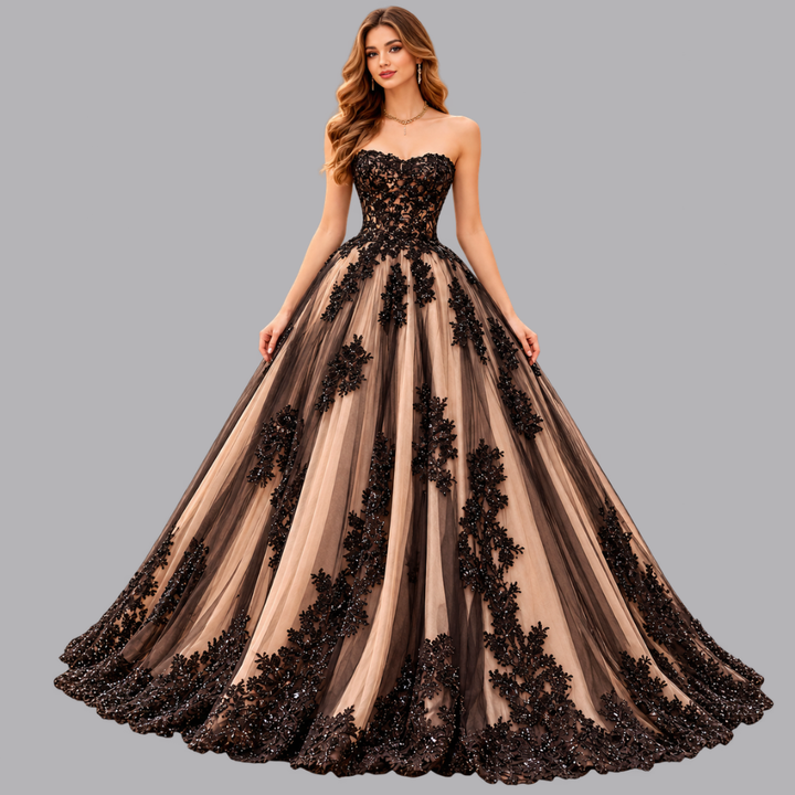 Women’s Black Lace Applique Strapless Ball Gown Prom Dress