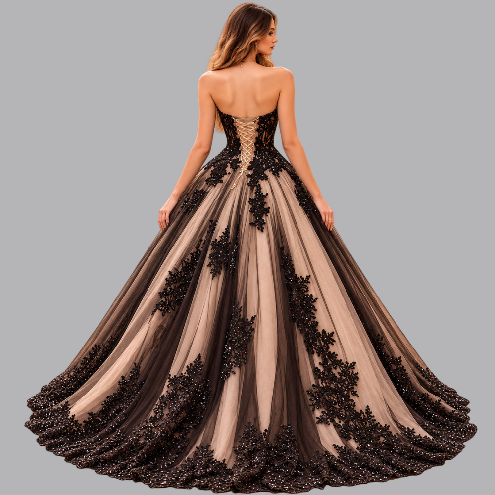 Women’s Black Lace Applique Strapless Ball Gown Prom Dress