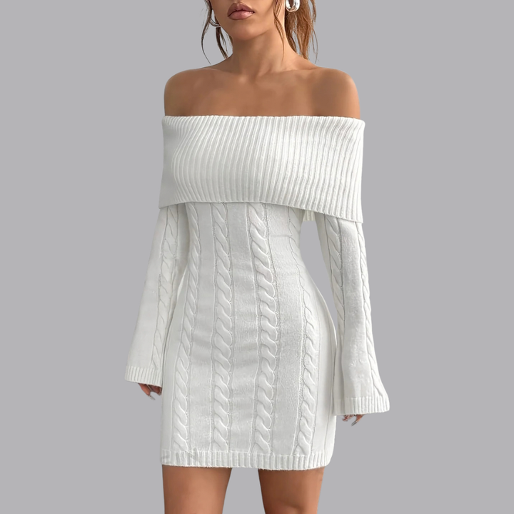 Women’s Off Shoulder Sweater Mini Dress Cable Knit Long Sleeve