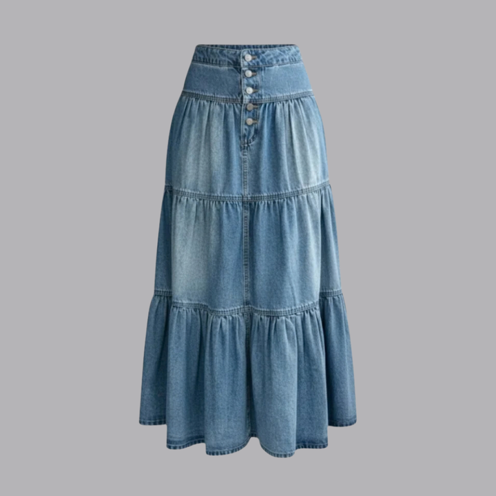 Women’s Blue Denim Tiered Maxi Skirt Button Front
