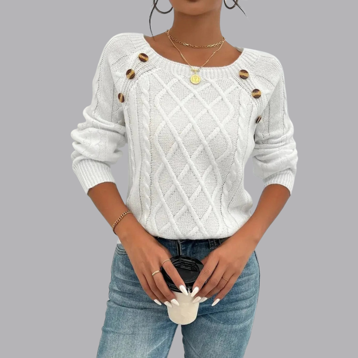 Women’s Cable Knit Jumper Boat Neck Button Detail Sweater