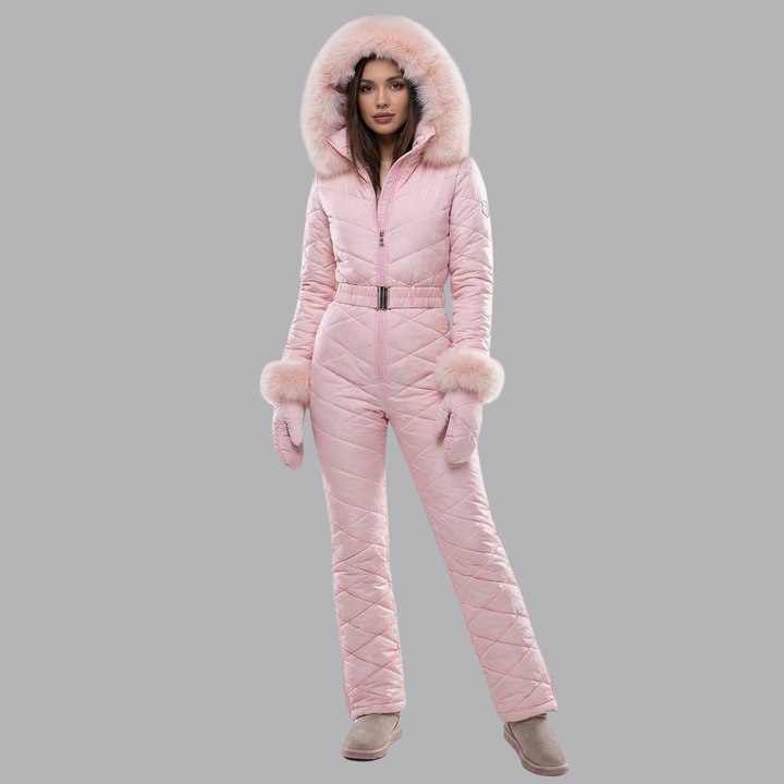 Women’s Quilted Ski Suit Faux Fur Hood Belted One Piece