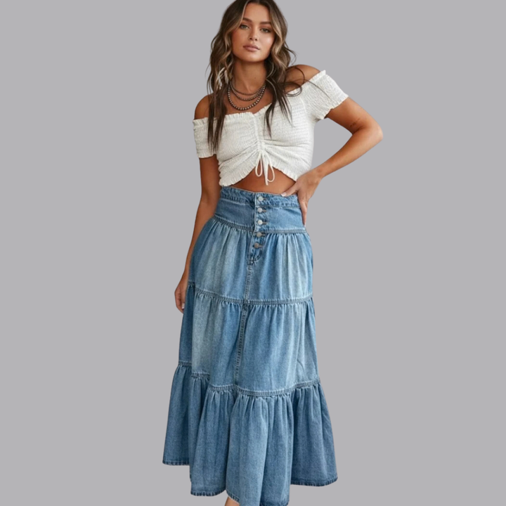 Women’s Blue Denim Tiered Maxi Skirt Button Front