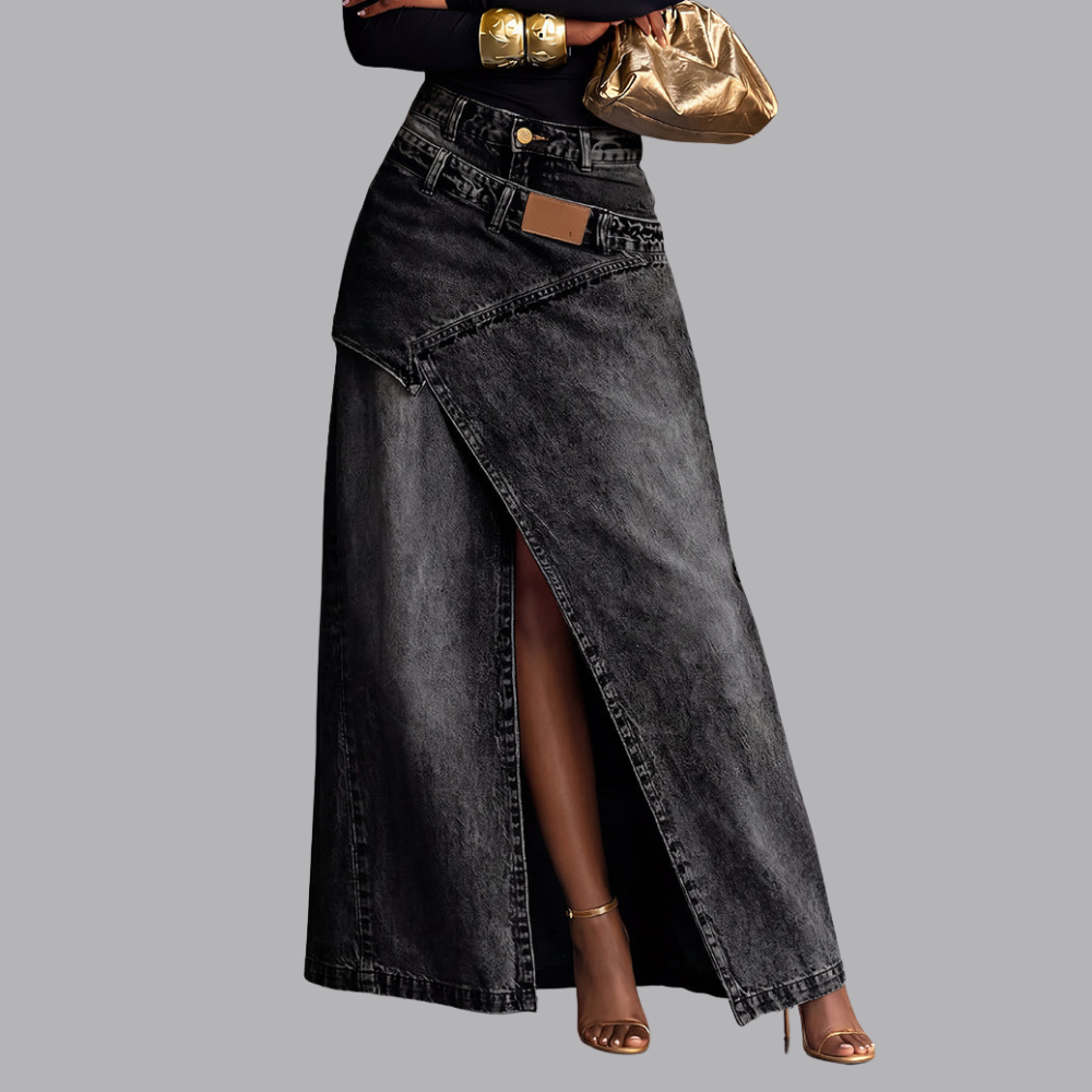 Women’s High Waist Denim Maxi Skirt Asymmetric Front Slit