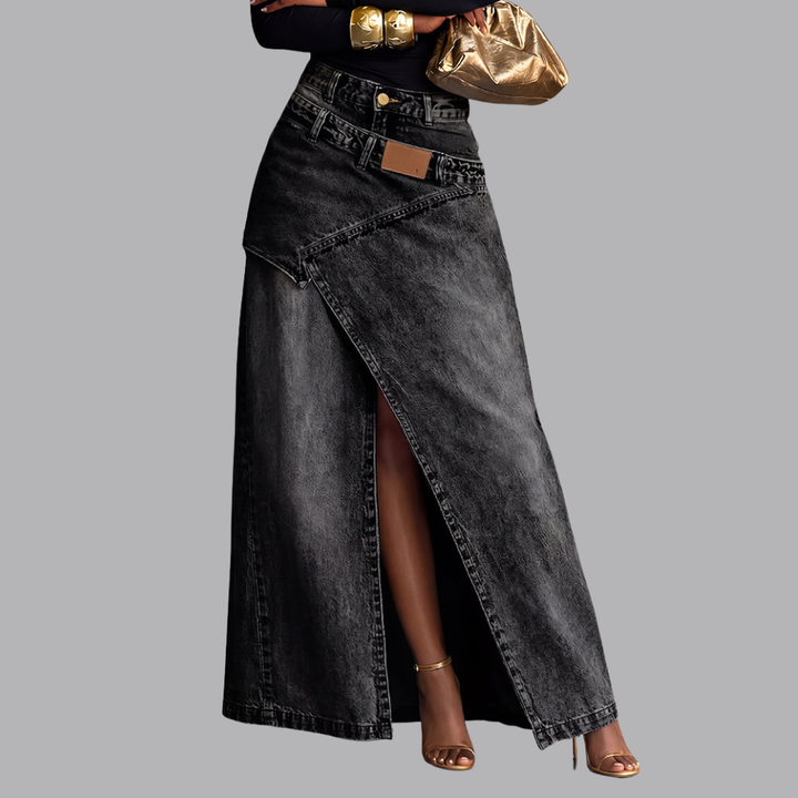 Women’s High Waist Denim Maxi Skirt Asymmetric Front Slit