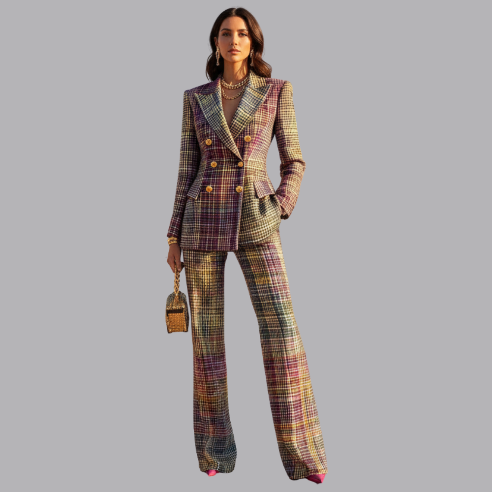 Women’s Multicolour Plaid Tweed Blazer Trousers Two Piece Suit