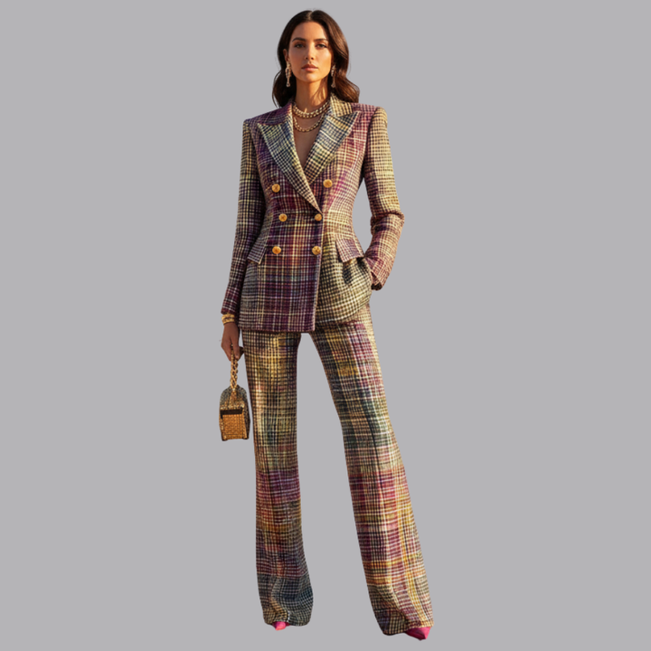Women’s Multicolour Plaid Tweed Blazer Trousers Two Piece Suit
