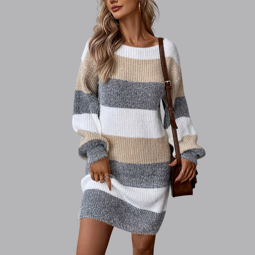Women’s Striped Knitted Jumper Dress Long Sleeve Mini