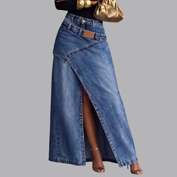 Women’s High Waist Denim Maxi Skirt Asymmetric Front Slit