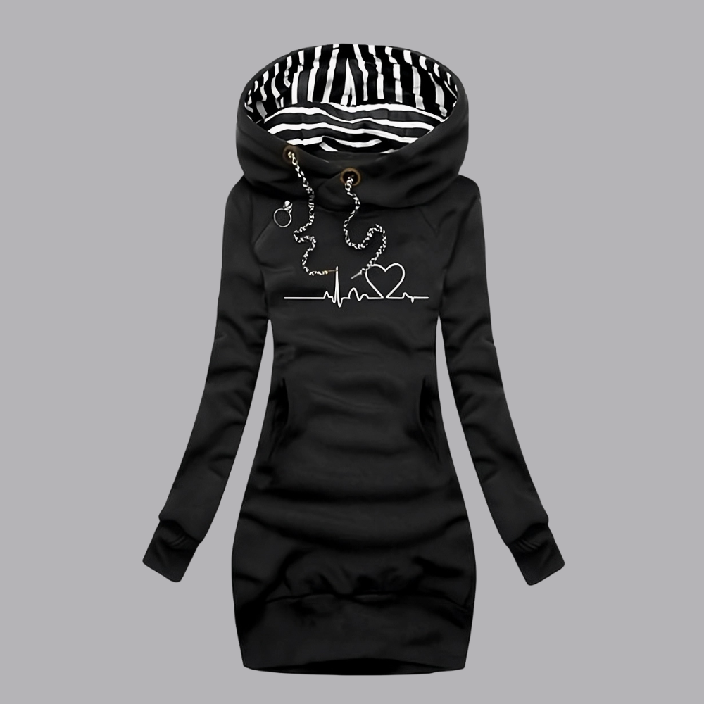 Women’s Cowl Neck Hoodie Dress Heartbeat Print Long Sleeve