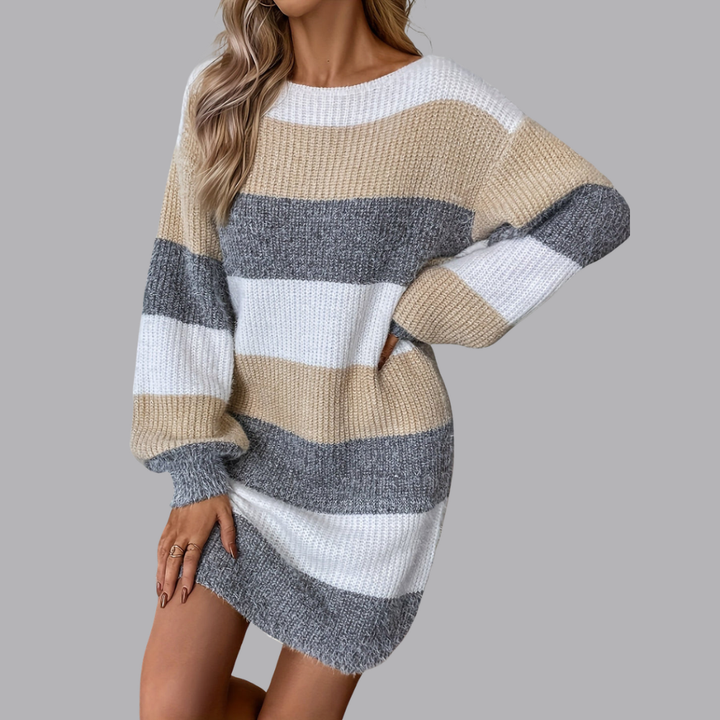 Women’s Striped Knitted Jumper Dress Long Sleeve Mini
