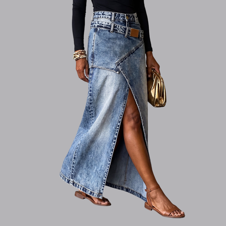 Women’s High Waist Denim Maxi Skirt Asymmetric Front Slit