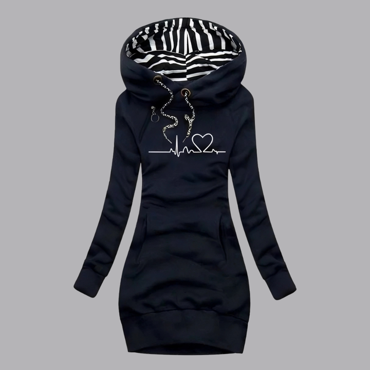 Women’s Cowl Neck Hoodie Dress Heartbeat Print Long Sleeve