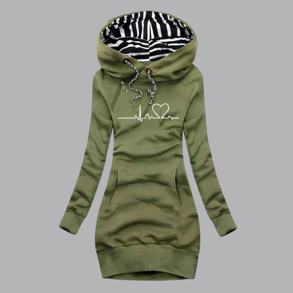 Women’s Cowl Neck Hoodie Dress Heartbeat Print Long Sleeve