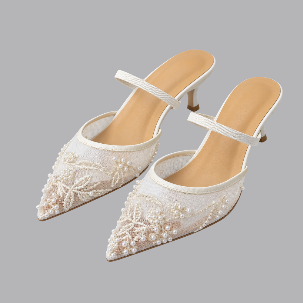 Women’s Pearl Embellished Pointed Toe Mid Heel Mule Shoes