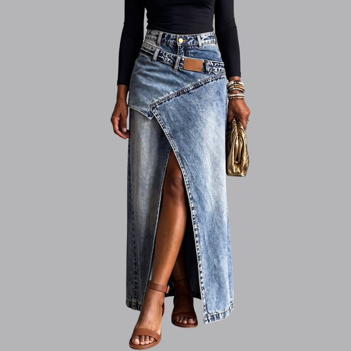 Women’s High Waist Denim Maxi Skirt Asymmetric Front Slit