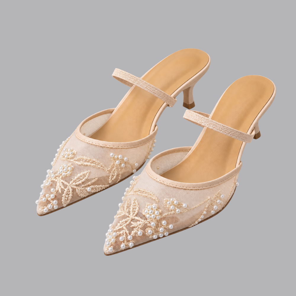 Women’s Pearl Embellished Pointed Toe Mid Heel Mule Shoes
