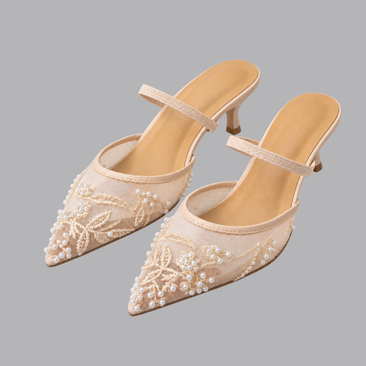 Women’s Pearl Embellished Pointed Toe Mid Heel Mule Shoes