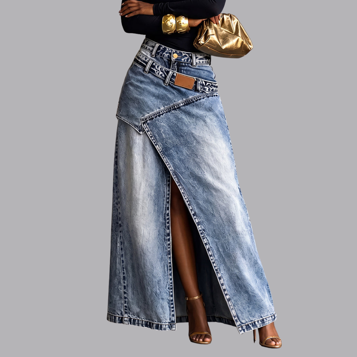 Women’s High Waist Denim Maxi Skirt Asymmetric Front Slit
