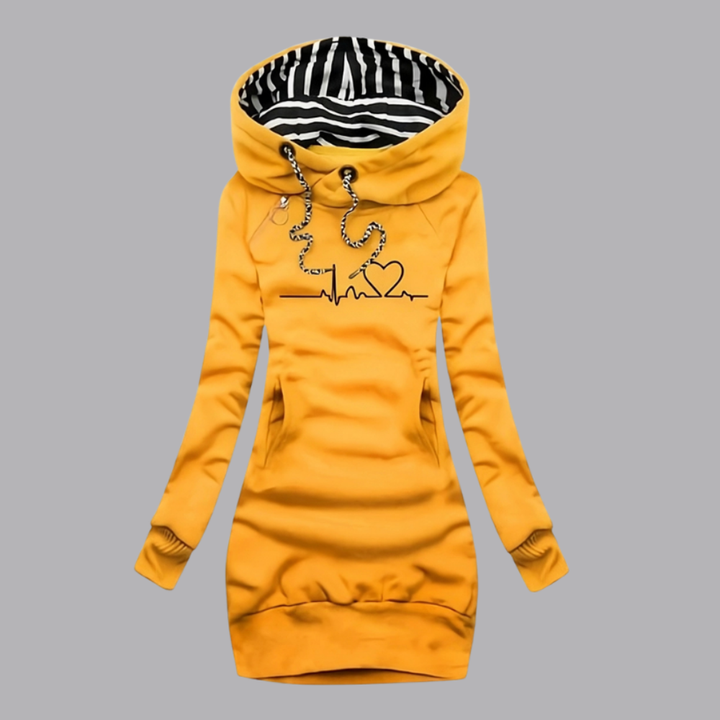 Women’s Cowl Neck Hoodie Dress Heartbeat Print Long Sleeve