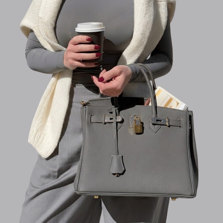 Women’s Structured Leather Tote Bag Gold Turn Lock Handbag