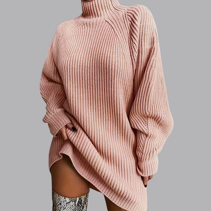 Women’s Oversized Ribbed Knit Roll Neck Mini Jumper Dress