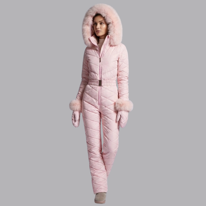 Women’s Quilted Ski Suit Faux Fur Hood Belted One Piece