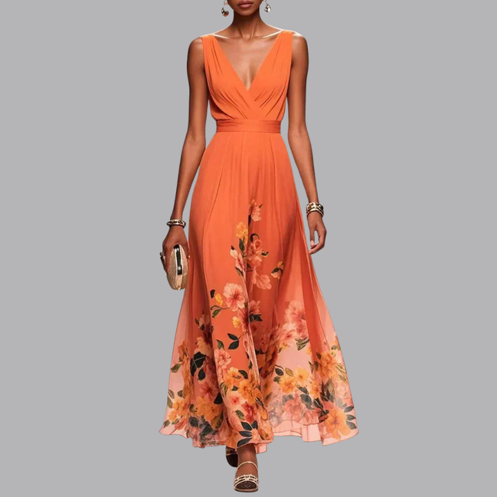 Women’s Floral Wedding Guest Dress Sleeveless V Neck