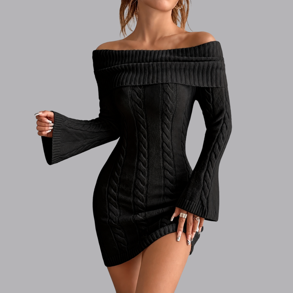 Women’s Off Shoulder Sweater Mini Dress Cable Knit Long Sleeve