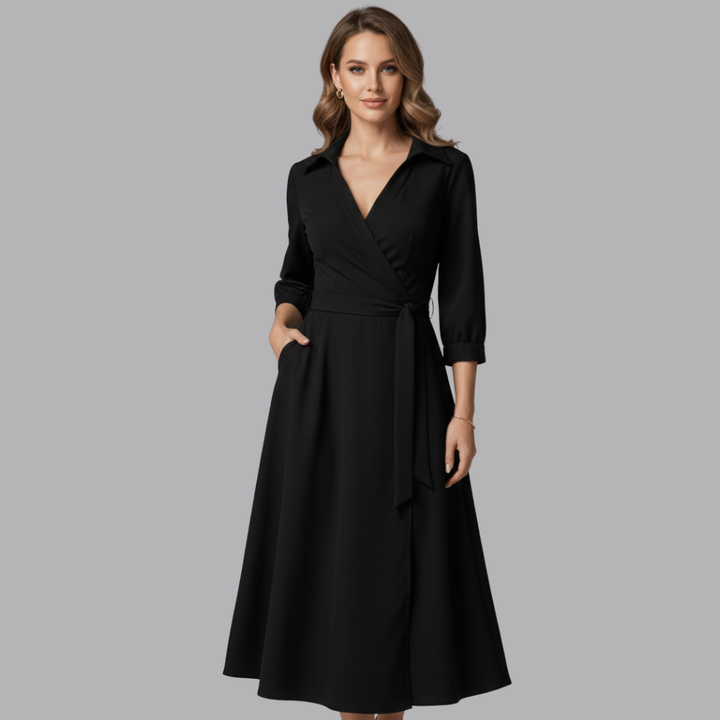Women’s Long Sleeve Wrap Midi Dress Tie Waist