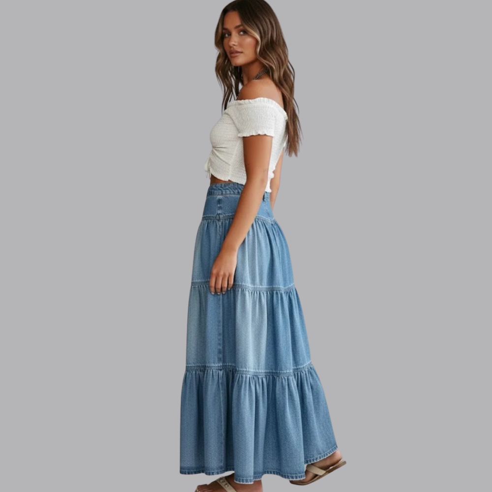 Women’s Blue Denim Tiered Maxi Skirt Button Front