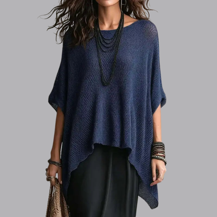 Women’s Knitted Poncho Top Asymmetric Hem Short Sleeve