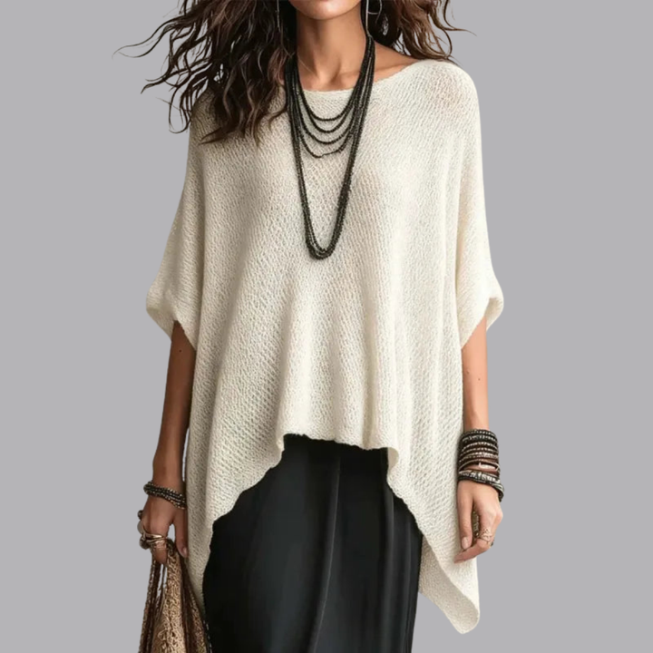 Women’s Knitted Poncho Top Asymmetric Hem Short Sleeve