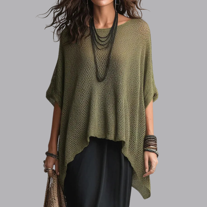Women’s Knitted Poncho Top Asymmetric Hem Short Sleeve