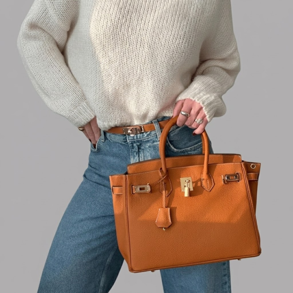 Women’s Structured Leather Tote Bag Gold Turn Lock Handbag