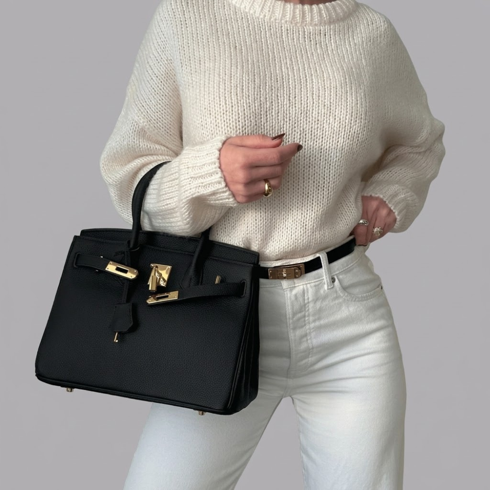 Women’s Structured Leather Tote Bag Gold Turn Lock Handbag