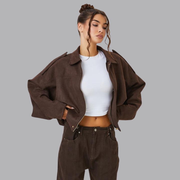 Women’s Oversized Cropped Suede Look Jacket Collared Long Sleeve