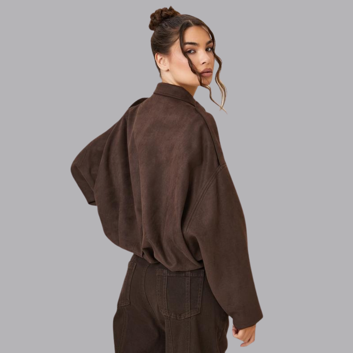 Women’s Oversized Cropped Suede Look Jacket Collared Long Sleeve