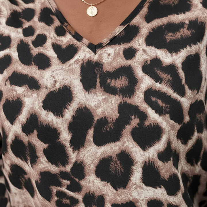 Women’s Leopard Print Top V Neck Long Sleeve Smocked Cuffs