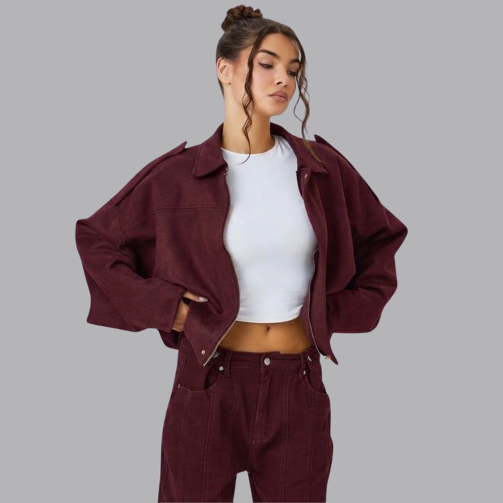 Women’s Oversized Cropped Suede Look Jacket Collared Long Sleeve