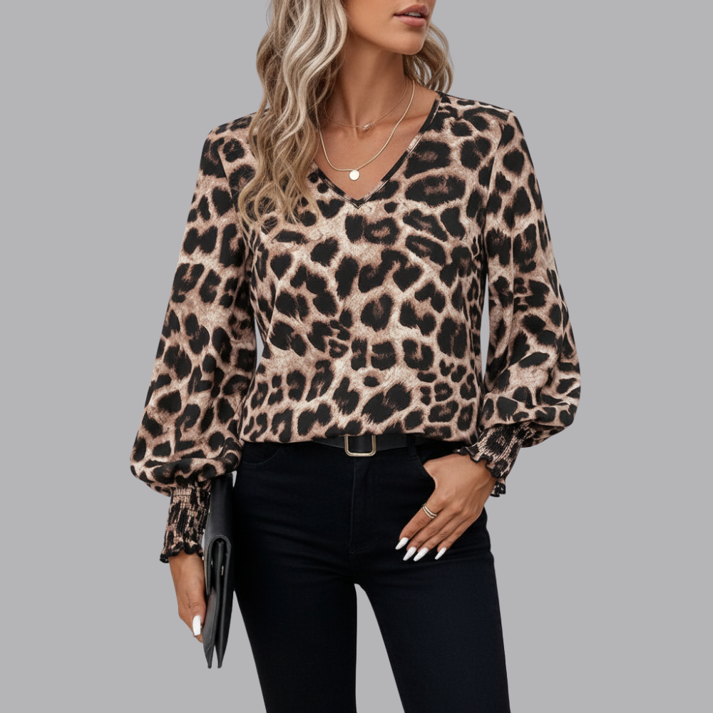Women’s Leopard Print Top V Neck Long Sleeve Smocked Cuffs