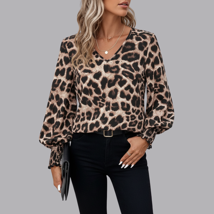 Women’s Leopard Print Top V Neck Long Sleeve Smocked Cuffs