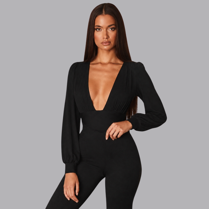 Women’s Deep V Neck Bodysuit Blouse Long Sleeve Ruched Waist
