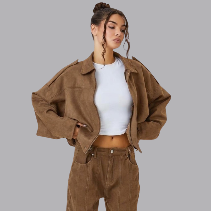 Women’s Oversized Cropped Suede Look Jacket Collared Long Sleeve