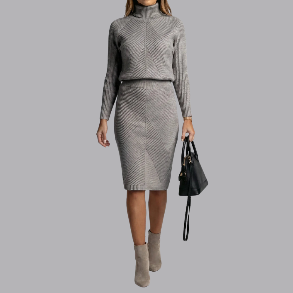 Women’s Ribbed Knit Jumper Skirt Set Roll Neck Two Piece Set